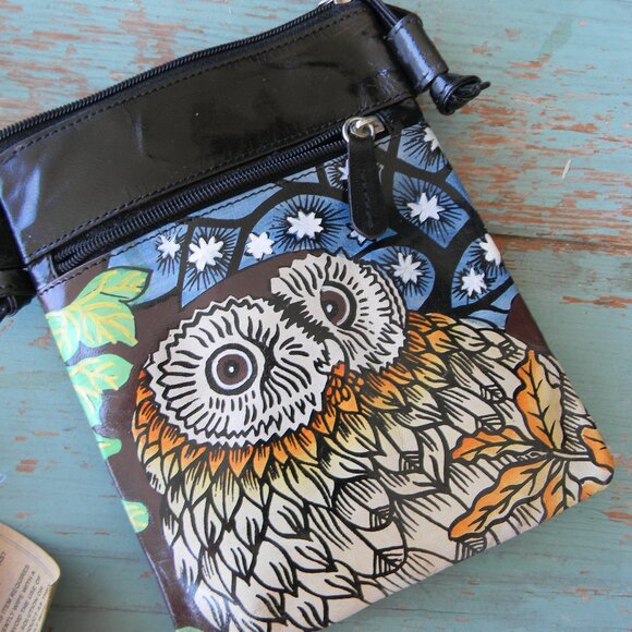 NWT SMALL BOHO PAINTED OWL LEATHER CROSSBODY BAG ARTISAN - Picture 1 of 9